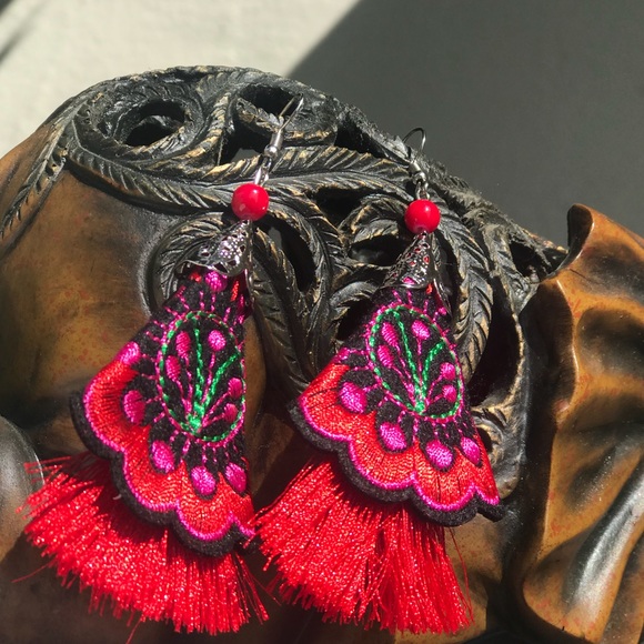 Beautiful Floral Boho Embroidered Tassel Earrings - Picture 4 of 8